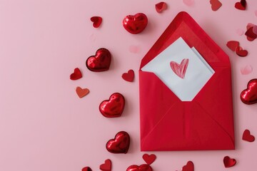 A red envelope, white letter partially revealed, with scattered heart shapes on soft pink. Radiates romance, ideal for Valentine's Day. Thematic and vibrant