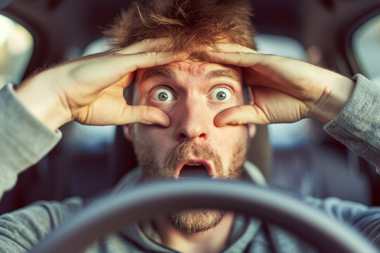 Man in the driver's seat, holding his head in disbelief, symbolizing accident, insurance, and emotional distress