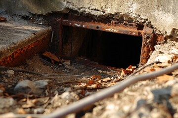 The entrance to the unknown, an uncovered manhole surrounded by aged ground and debris