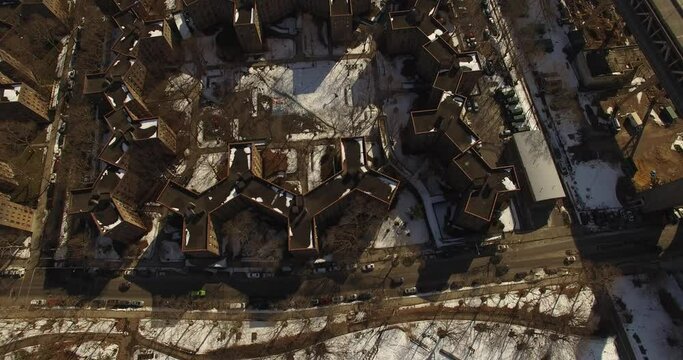 Drone shot over Queensbridge projects, New York City Manhattan skyscrapers