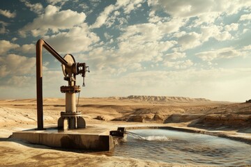 Desert water pump in action, releasing flowing water