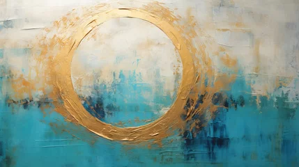Poster aqua blue abstract painting with a gold and blue ring,, copy space, 16:9 © Christian