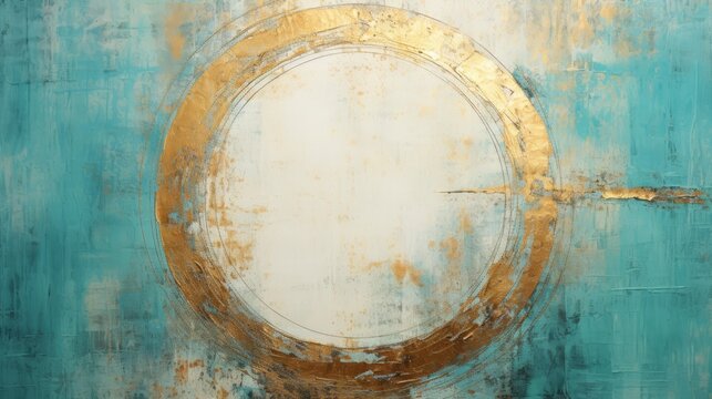 aqua blue abstract painting with a gold and blue ring,, copy space, 16:9