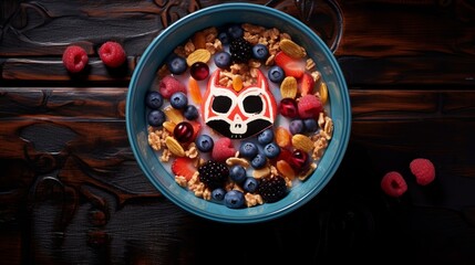 aerial view, Breakfast cereal in a cereal bowl, food fotography, copy space, 16:9