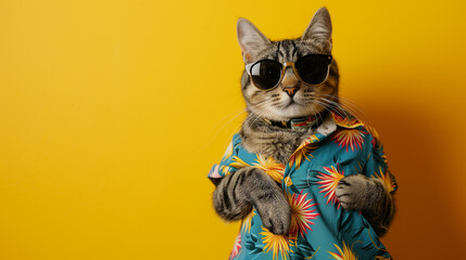 Stylish Cat in Sporting Sunglasses and a Colorful Shirt Against a Vibrant Yellow Background