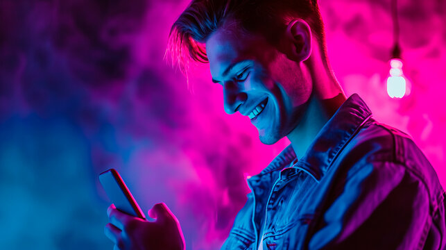 A happy young handsome young man with a mobile phone highlighted on a dark background in purple neon light. 
