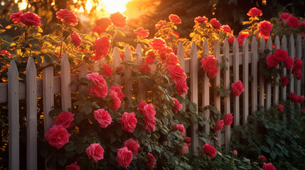 The view of red roses bushes and a fence in sunny rays. - obrazy, fototapety, plakaty