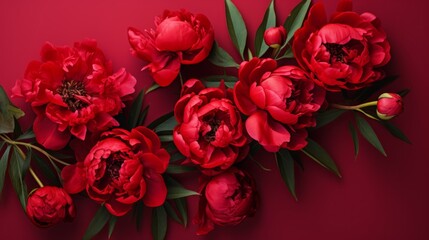 Obraz premium Gorgeous deep red peonies on a dark background. Floral background. Space for text or design.