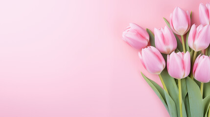 Delicate pink tulip on a pink background. Space for text or design.