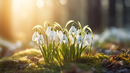 A small snowdrop is knocked out of the soil in the forest in the rays of the sun