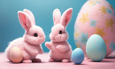 Cute fluffy white Easter couple of pastel pink bunnies among colorful eggs on a blue background. Minimal Easter holiday concept.Wide screen wallpaper. Panoramic web banner with copy space for design.