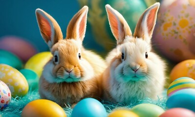 Cute fluffy Easter couple of bunnies among colorful eggs on a bright background. Minimal Easter holiday concept.Wide screen wallpaper. Panoramic web banner with copy space for design.
