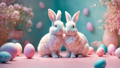 Cute fluffy white Easter couple of bunnies among colorful eggs on a blue background. Minimal Easter holiday concept.Wide screen wallpaper. Panoramic web banner with copy space for design.