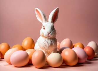 Cute white Easter bunny statuette among eggs on a peach fuzz trendy 2024 color background. Minimal Easter holiday concept.Wide screen wallpaper. Panoramic web banner with copy space for design.