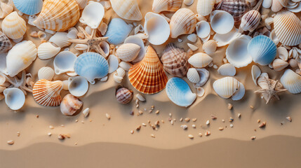 Naklejka na ściany i meble Seabed with different seashells and sea stars, top view