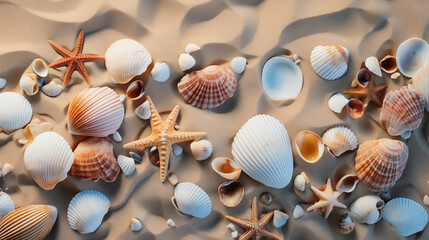 Naklejka na ściany i meble Seabed with different seashells and sea stars, top view