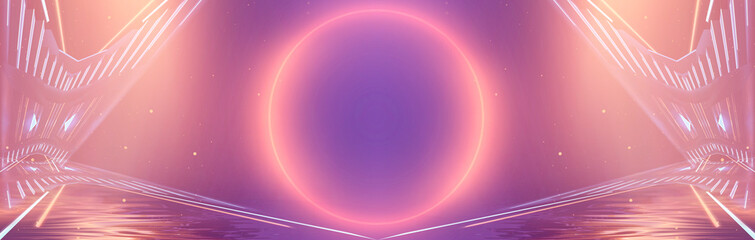 Abstract futuristic neon landscape with palm trees. 3D illustration