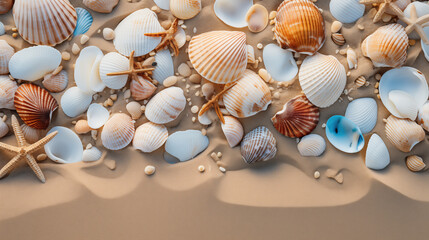 Naklejka na ściany i meble Seabed with different seashells and sea stars, top view