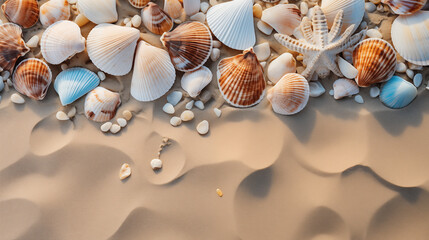 Naklejka na ściany i meble Seabed with different seashells and sea stars, top view