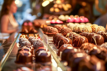 Amongst a display of gourmet chocolates, a woman with a sweet tooth marvels at the artistry of each handcrafted treat. - obrazy, fototapety, plakaty