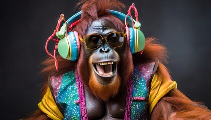 Colorful orang-utan with headphones on black background in retro suit