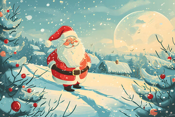 Weihnachtsmärchen: Illustration des Weihnachtsmanns in verschneiter Landschaft, festlich und zauberhaft