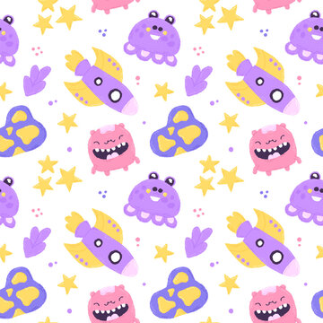 Baby cute seamless pattern with space elements on white background. Hand drawn flat cartoon style. Vector illustration © illussenia