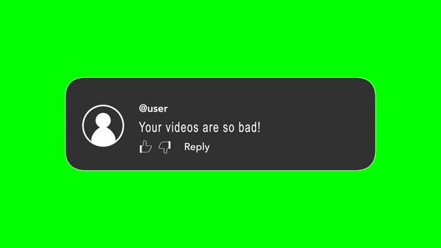 Animation of a negative comment on social media. User commenting „Your videos are so bad!“ underneath a video. 