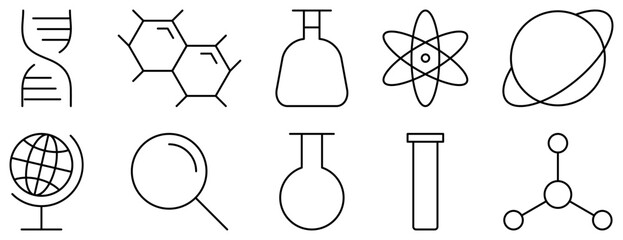 Set of chemistry and science line icons. Dna chain, atom, molecule, planeta, test tubes, lab flask, globe and magnifier symbols. Vector illustration - obrazy, fototapety, plakaty
