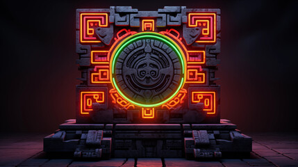 Stone background with patterns in the style of the Aztec civilization in a neon glow.