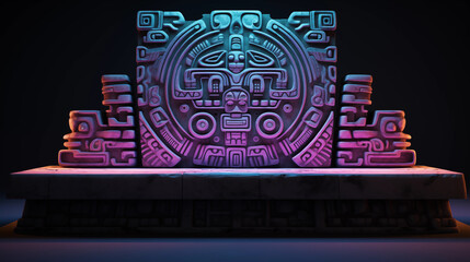 Stone background with patterns in the style of the Aztec civilization in a neon glow.