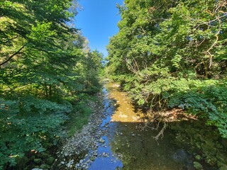 Idyllic creek: Schwechat river next to Helenentalradweg. Wonderful and calm landscape. Perfect place for cycling between Baden and Alland in Lower Austria