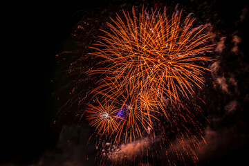 Fireworks near Protivin town in south Bohemia in dark night