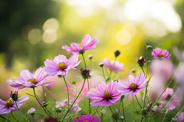 Field of pink and white cosmos flowers under soft light.