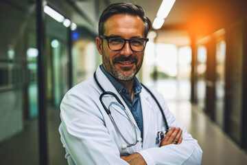 Confident male doctor with glasses smiling in a hospital corridor.