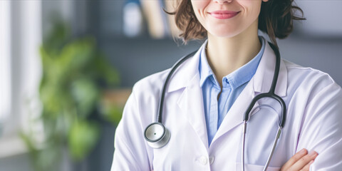 smiling woman wearing a doctor's white coat with a stethoscope around her neck, standing confidently.