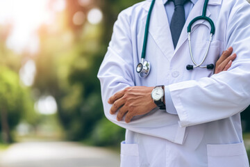 close-up of a doctor in a white coat with arms crossed, wearing a stethoscope and a watch.