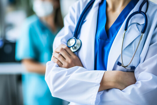 close-up of a doctor with folded arms wearing a white coat, stethoscope, and a blue scrub.