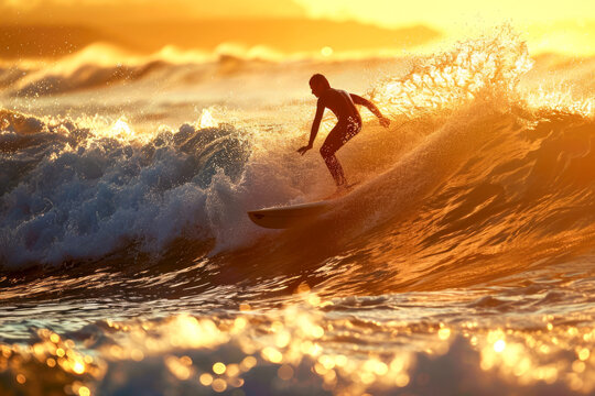lone surfer catching a wave, their silhouette against the golden hues of the setting sun