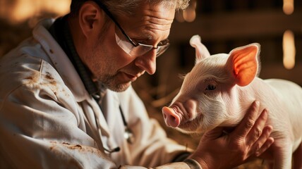 A veterinarian holding a piglet in a barn
