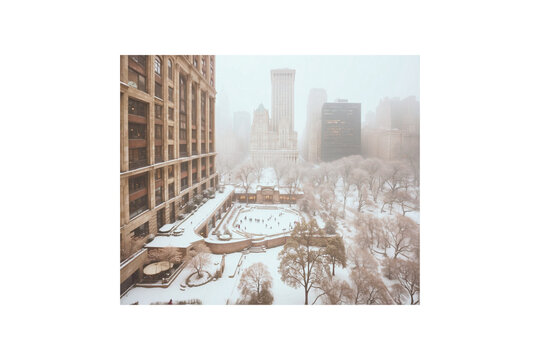 Fototapeta The view of snow falling in Central Park seen from the windows of a hotel. Generative AI