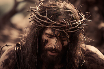 In a sepia-toned portrayal, Jesus Christ is depicted, bearing wounds and blood, adorned with a crown of thorns, reflecting a poignant and solemn image.