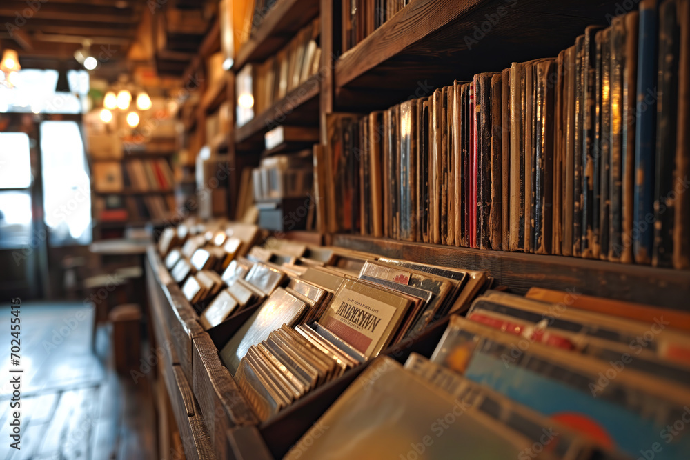 Wall mural surrounded by shelves lined with vinyl records, a music aficionado flips through a collection of vin