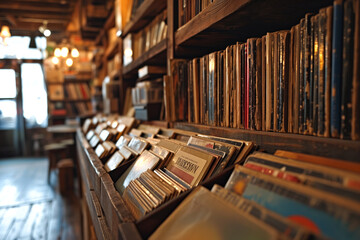 Surrounded by shelves lined with vinyl records, a music aficionado flips through a collection of vintage albums. - obrazy, fototapety, plakaty