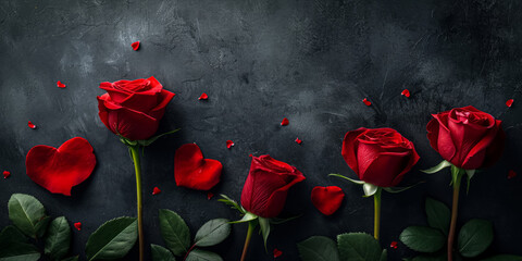 Red roses on dark background with scattered petals.