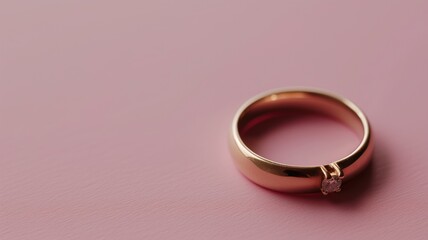 Elegant gold ring with a solitaire diamond on pink background