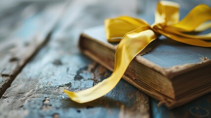 An old book tied with a golden ribbon on a rustic table