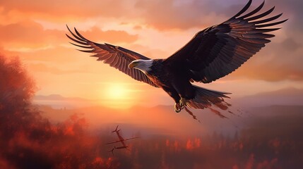 eagle in the sunset, Create a mesmerizing image of an eagle with wings spread wide, soaring gracefully through a radiant sunset sky - obrazy, fototapety, plakaty
