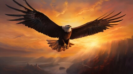 bald eagle in flight, Create a mesmerizing image of an eagle with wings spread wide, soaring gracefully through a radiant sunset sky - obrazy, fototapety, plakaty