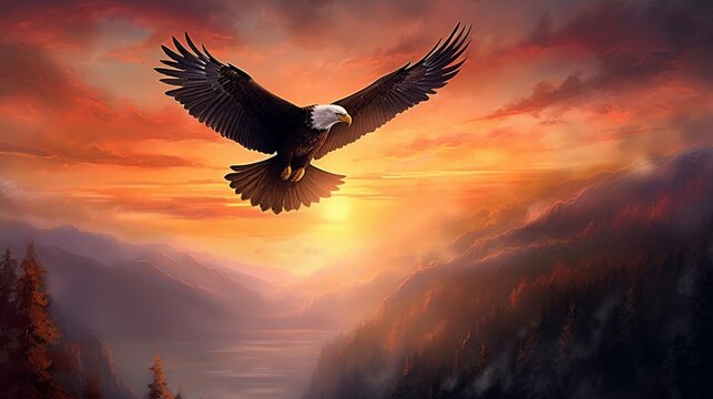 eagle in the sky, Create a mesmerizing image of an eagle with wings spread wide, soaring gracefully through a radiant sunset sky